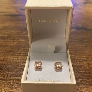 Diamond Morganite Rose Gold Earrings with diamonds.